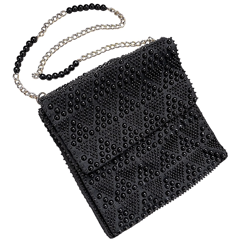 Vintage black evening bag beaded purse silver chain strap EUC